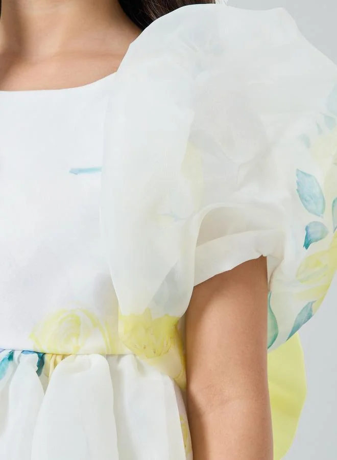 Take Two  Girls Yellow Floral Print Puff Sleeve Dress for Women | Best Price UAE